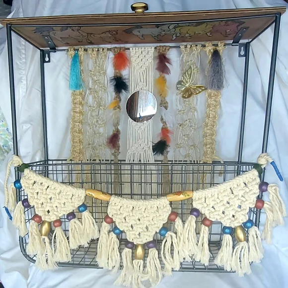 Macrame metal wood basket shelf